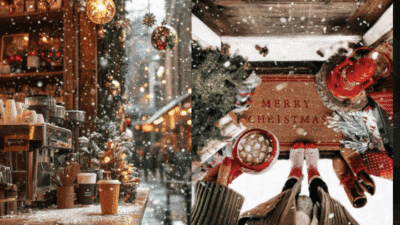 Cozy Christmas scene with snow, a café, and festive decorations, featuring a Merry Christmas doormat and hot chocolate.