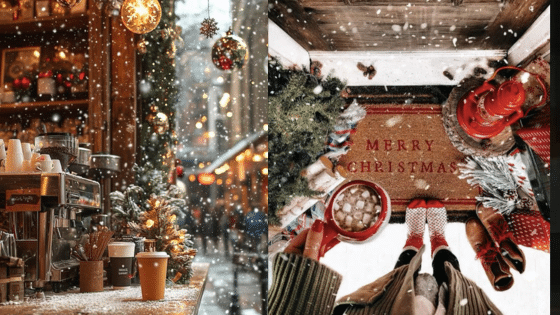 Cozy Christmas scene with snow, a café, and festive decorations, featuring a Merry Christmas doormat and hot chocolate.