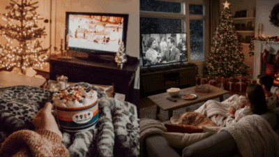 Cozy Christmas movie night with festive decorations, hot chocolate, and a Christmas tree.