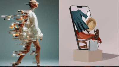 Stylish futuristic fashion model with glitch effect beside online shopping clothing and accessories on mobile.