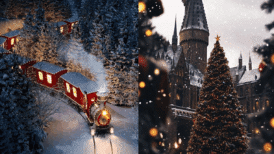 Red train in snowy forest beside a lit-up Christmas tree near a castle, creating a festive winter scene.