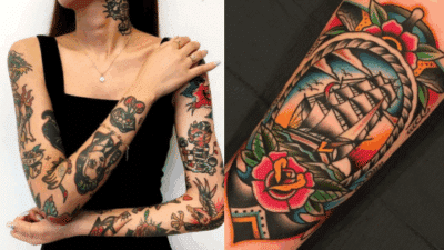 A person with colorful sailor-themed tattoos including a ship and roses on their arms and neck.