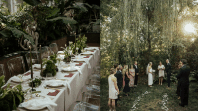 Elegant table setting with greenery and outdoor wedding ceremony under a willow tree at sunset.