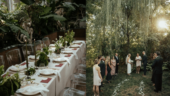 Elegant table setting with greenery and outdoor wedding ceremony under a willow tree at sunset.