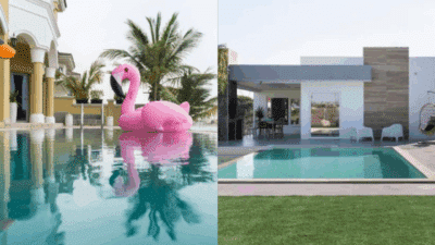 Luxurious poolside retreats with palm trees and stylish decor, featuring a large pink flamingo float in the serene water.