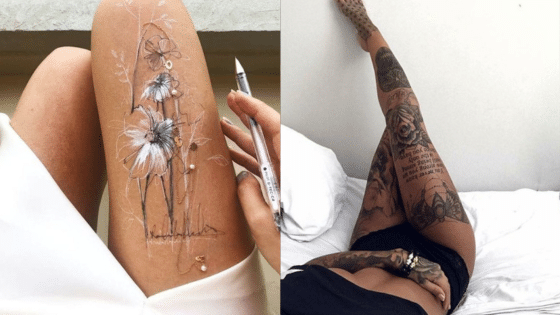 Viewing Deck Blog Floral and script tattoos on legs, showcasing intricate black and white designs. Artful and detailed body ink. | Sky Rye Design Floral and script tattoos on legs, showcasing intricate black and white designs. Artful and detailed body ink.