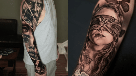 Hyper-realistic sleeve tattoos featuring a skull, faces, and girl with butterfly blindfold on a man's arm.