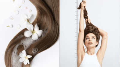 Long brown hair with white flowers, shampoo foam, and a woman measuring hair length against a ruler.