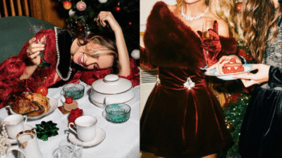 Festive holiday celebration with friends, elegant dresses, food, and drinks by the Christmas tree.