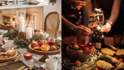 Festive holiday table settings with candles, fruits, and desserts, paired with champagne and sparklers in a warm ambiance.