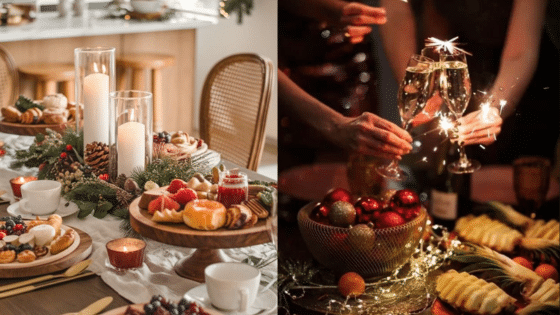 Viewing Deck Blog Festive holiday table settings with candles, fruits, and desserts, paired with champagne and sparklers in a warm ambiance. | Sky Rye Design Festive holiday table settings with candles, fruits, and desserts, paired with champagne and sparklers in a warm ambiance.