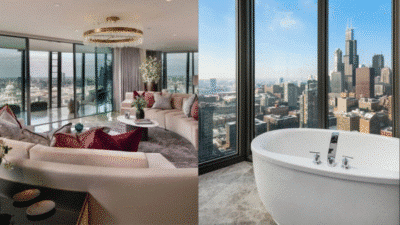 Luxurious city apartment with skyline views featuring elegant living room and modern bathroom with freestanding tub.