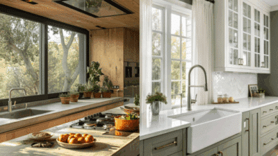 Modern kitchens with large windows, natural light, wood accents, and green cabinetry for a cozy, stylish ambiance.