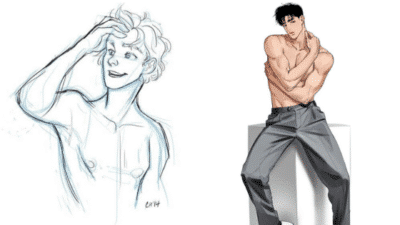 Sketch of a smiling man and a digital illustration of a shirtless man posing in gray pants.