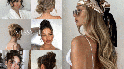 Trendy hairstyles collage featuring messy buns and a scarf-wrapped style, perfect for casual and chic looks.