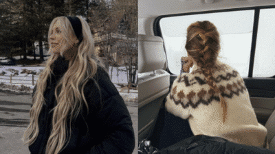 Two women in cozy winter outfits; one outdoors with loose hair, the other inside with a braid and patterned sweater.