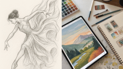 A graceful pencil sketch of a dancer beside colorful art supplies and a digital landscape painting on a tablet.