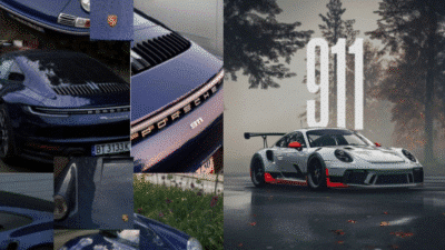 Collage of Porsche 911 images showcasing car details and a stylized GT3 model in a forest setting.