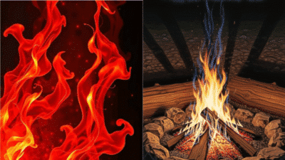 Vibrant red flames on left, serene campfire scene with logs and stones on right, illustrating fire in nature.