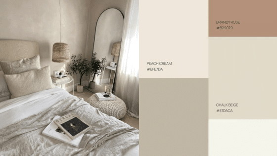 Viewing Deck Blog копия 17 Cozy bedroom with neutral tones and beige bedding, featuring a large mirror and greenery. Color palette: Brandy Rose, Peach Cream. | Sky Rye Design Cozy bedroom with neutral tones and beige bedding, featuring a large mirror and greenery. Color palette: Brandy Rose, Peach Cream.