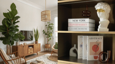 Modern living room with mid-century furniture, indoor plants, decorative books, and aesthetic sculpture on shelves.