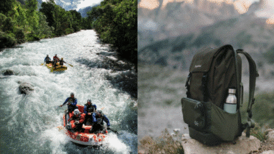 Rafting adventure on a rushing river paired with a hiking backpack showcasing outdoor essentials.