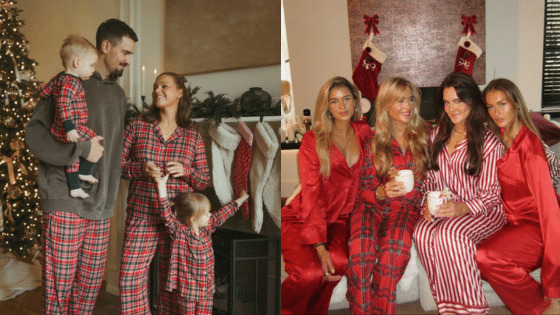 Viewing Deck Blog копия 2 Family and friends celebrate Christmas in cozy, matching pajamas by the Christmas tree and stockings by the fireplace. | Sky Rye Design Family and friends celebrate Christmas in cozy, matching pajamas by the Christmas tree and stockings by the fireplace.