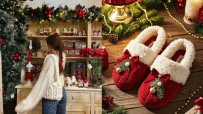 Woman shopping for Christmas decorations; festive red slippers with bows and ornaments nearby.