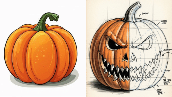 Viewing Deck Blog копия 21 Illustration of a whole pumpkin and a half-carved pumpkin with a menacing face design, featuring sketch guidelines. | Sky Rye Design Illustration of a whole pumpkin and a half-carved pumpkin with a menacing face design, featuring sketch guidelines.