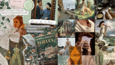 Aesthetic collage featuring books Rebecca and Circe, vintage art, and seaside landscapes for a dreamy, nostalgic vibe.