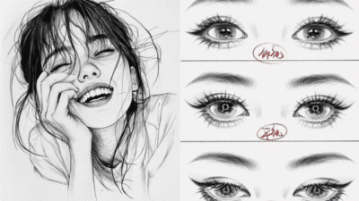 Pencil sketch of a smiling woman and detailed eye sketches with annotations, showcasing art techniques.