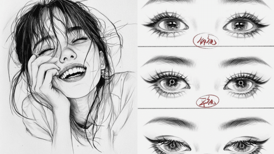 Viewing Deck Blog копия 24 Pencil sketch of a smiling woman and detailed eye sketches with annotations, showcasing art techniques. | Sky Rye Design Pencil sketch of a smiling woman and detailed eye sketches with annotations, showcasing art techniques.
