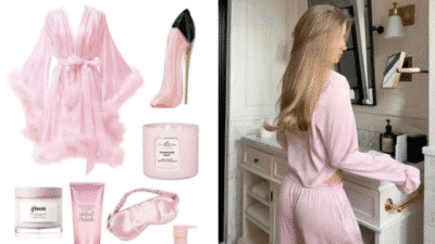 Chic pink loungewear and accessories for a stylish evening, featuring bathrobe, heels, candles, and pajamas.