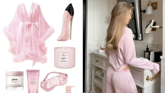 Viewing Deck Blog копия 27 Chic pink loungewear and accessories for a stylish evening, featuring bathrobe, heels, candles, and pajamas. | Sky Rye Design Chic pink loungewear and accessories for a stylish evening, featuring bathrobe, heels, candles, and pajamas.