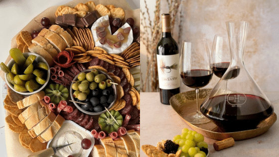 Viewing Deck Blog копия 28 Charcuterie board with meats, cheeses, olives, and wine set on a table. Perfect for a sophisticated dining experience. | Sky Rye Design Charcuterie board with meats, cheeses, olives, and wine set on a table. Perfect for a sophisticated dining experience.