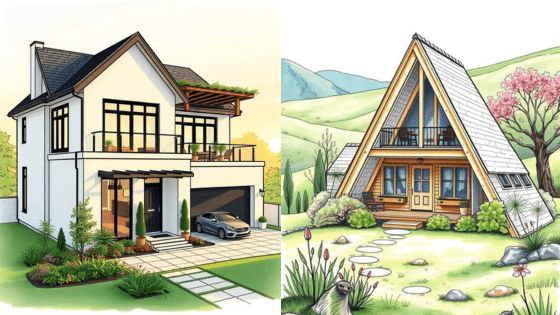 Viewing Deck Blog копия 29 Modern house with car and scenic A-frame cabin in green mountains, showcasing architectural diversity. | Sky Rye Design Modern house with car and scenic A-frame cabin in green mountains, showcasing architectural diversity.