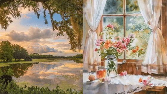 Viewing Deck Blog копия 3 Scenic view of a lake with trees and clouds; watercolor painting of flowers on a windowsill. Nature and art theme. | Sky Rye Design Scenic view of a lake with trees and clouds; watercolor painting of flowers on a windowsill. Nature and art theme.