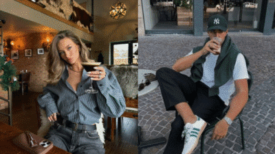 People enjoying drinks at stylish cafe settings, both indoors and outdoors.