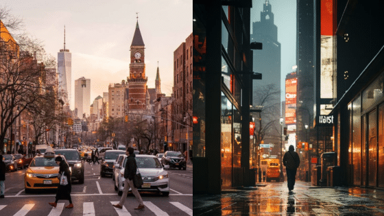 Viewing Deck Blog копия 31 Cityscape contrast: bustling NYC street at sunset vs. solitary figure in illuminated urban night scene. | Sky Rye Design Cityscape contrast: bustling NYC street at sunset vs. solitary figure in illuminated urban night scene.