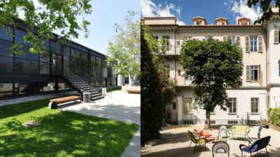 Modern and classic architecture side by side, showcasing vibrant outdoor spaces with colorful chairs and lush greenery.