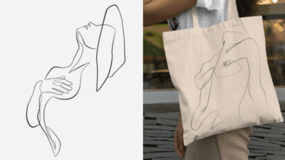 Minimalist line art of a reclining figure, also printed on a tote bag, showcasing modern artistic fashion.