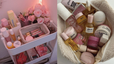 Organized beauty essentials and skincare products displayed in a stylish cart and textured bag with soft pink accents.