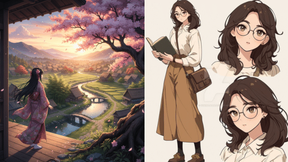 Viewing Deck Blog копия 38 Anime character in traditional attire overlooks scenic village; modern character studies on side, with book in hand. | Sky Rye Design Anime character in traditional attire overlooks scenic village; modern character studies on side, with book in hand.