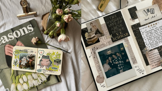 Viewing Deck Blog копия 39 Open journals with creative scrapbooking, flowers, and a book, showcasing art and memories in a cozy setting. | Sky Rye Design Open journals with creative scrapbooking, flowers, and a book, showcasing art and memories in a cozy setting.