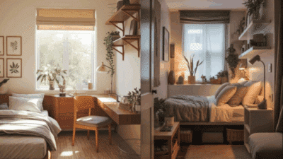 Cozy bedroom interiors with natural lighting, plants, and wooden furniture for a tranquil and inviting atmosphere.