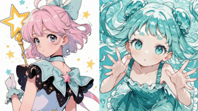 Two anime characters: a magical girl with a wand and a star theme, and a teal-haired girl underwater with wide eyes.