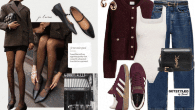 Collage of stylish autumn outfits featuring blazers, skirts, jeans, sneakers, and accessories like a black handbag.