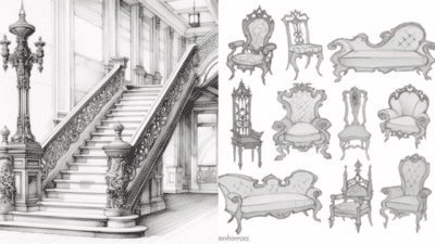 Elegant staircase and vintage baroque furniture sketches, featuring intricate designs and classic Victorian charm.