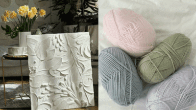 Intricate floral wall art and pastel yarn balls for DIY crafts in cozy home setting.