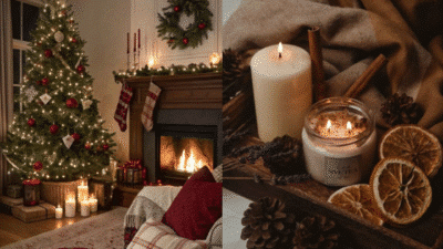 Cozy Christmas scene with decorated tree, candles by fireplace, and festive dried oranges and pine cones.